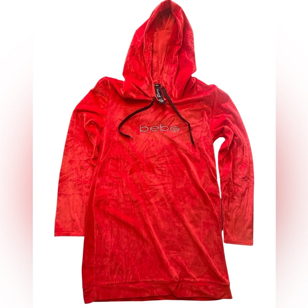BEBE red long sleeved hooded dress. New, no tags. Never worn it or washed.